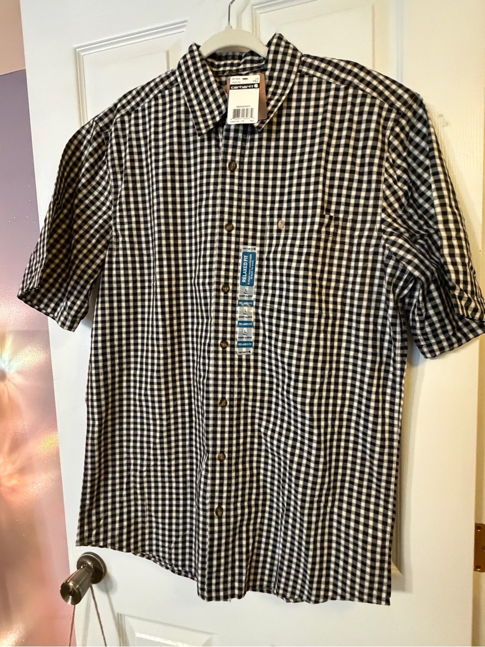 Carhartt Men's Woven Cotton Check Button-Up Navy/White Relaxed Fit L Tall
